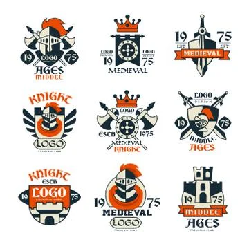 Medieval logo design set, middle ages vintage emblem vector Illustrations Stock Illustration
