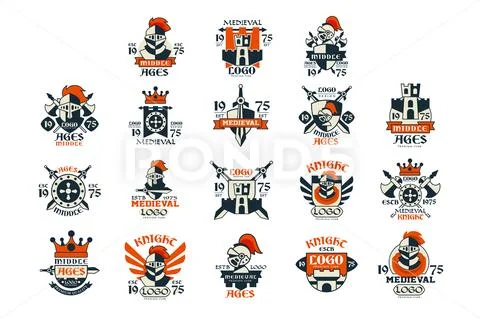 Medieval logo design set, middle ages vintage emblem vector Illustrations Stock Illustration