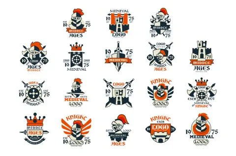 Medieval logo design set, middle ages vintage emblem vector Illustrations Stock Illustration