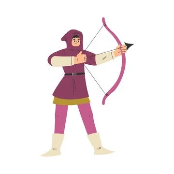 Medieval Man Archer Character with Bow and Arrow in Standing Pose Vector Stock Illustration