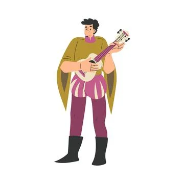 Medieval Man Bard Character Play Lute in Standing Pose Vector Illustration Stock Illustration