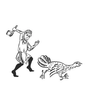Medieval man chasing turkey Stock Illustration