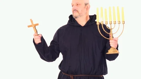 Medieval man choice between two religions follow focus white screen Stock Footage 104843908