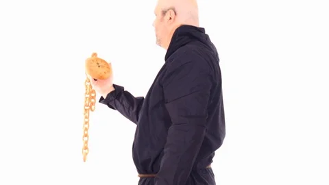 Medieval man with fast running clock white screen follow focus Stock Footage 104843733