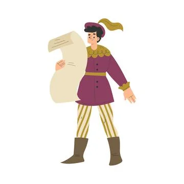 Medieval Man Herald Character with Scroll in Standing Pose Vector Illustration Stock Illustration