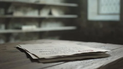 Medieval manuscript sheets with calligraphy text on table inside scriptorium Stock Photos