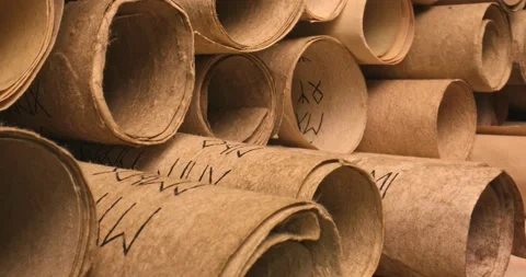 Medieval manuscripts library. Old scrolls stacked on a pile. Video stock 160192767