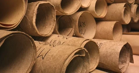 Medieval manuscripts library. Scrolls stacked on a pile. Video stock 172018375