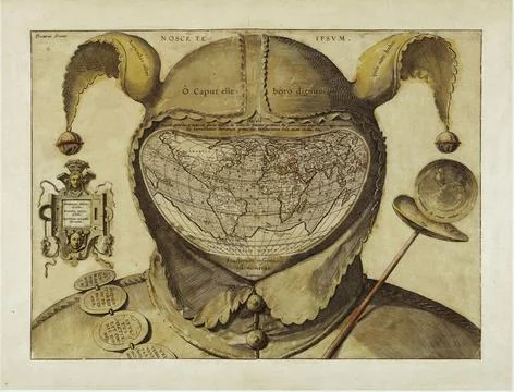 A medieval map of the world placed in the head of a fool Stock Illustration