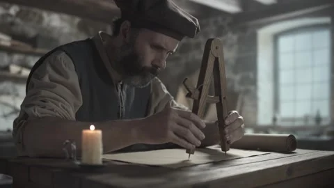Medieval master drawing a circular arc on a sketch with a wooden compass Stock Footage 339231137