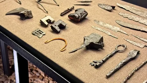Medieval metal objects on display at Wawel Royal Castle Museum. Arrow heads Stock Footage 328988836