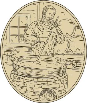 Medieval Monk Brewing Beer Oval Drawing Stock Illustration