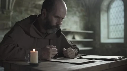 Medieval monk reading a psalm sheet, counting rosary beads, medium shot Stock Footage 338991273