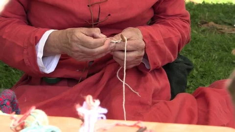 Medieval old fashioned stitching, knitting, weaving 库存影片 79775265