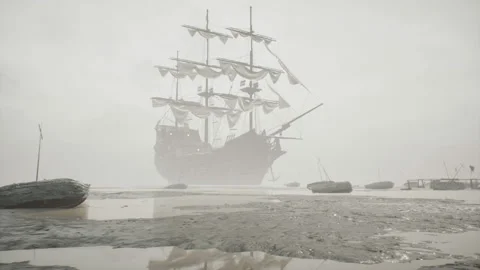 A medieval old ship moored off a deserted, misty island. The concept of maritime Stock Footage 159769550