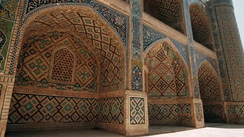 Medieval oriental architecture, Beautiful Patterned Wall. Amazing facade covered Stock Footage 247057429