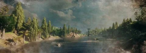 Medieval pirate ship on the river Video stock 228236258