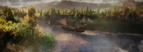 Medieval pirate ship on the river Stock Footage 228236397