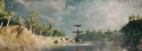 Medieval pirate ship on the river Stock Footage 228236399