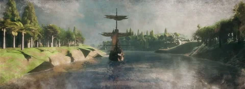Medieval pirate ship on the river Stock Footage 228236609