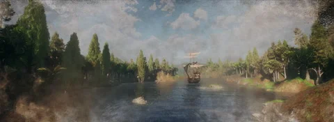 Medieval pirate ship on the river Stock Footage 228241411