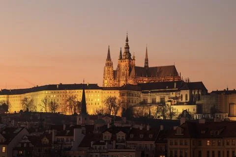 Medieval Prague Castle complex above the Vltava River, night scene Stock Photos