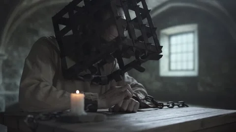Medieval prisoner with an iron head cage and chains scratching his hand Vídeo Stock 340824255