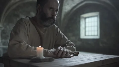 Medieval prisoner looking ahead and shutting his eyes at a table Stock Footage 341009744