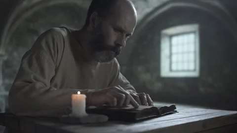 Medieval prisoner reading an ancient book inside a gloomy dungeon Stock Footage 342712452