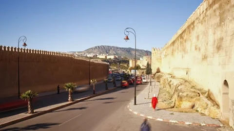 Medieval ramparts of the Old City, Fes, Morocco, North Africa, T/Lapse Stock Footage