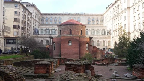 Medieval red brick temple. Saint George church in the city of Sofia. Stock-Footage 256205499