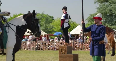 Medieval referee oversees jousting arena before tournament action Stock Footage 338419257
