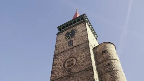 Medieval Renaissance square with stone tower and clock Stockbeeldmateriaal 107371456