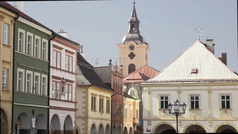 Medieval Renaissance square with stone tower and clock Stockbeeldmateriaal 107378396