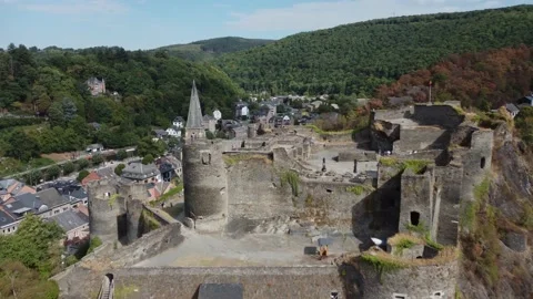 Medieval ruin castle at La Roche en Ardenne. At the Ourthe river in Belgium Stock Footage 211097671