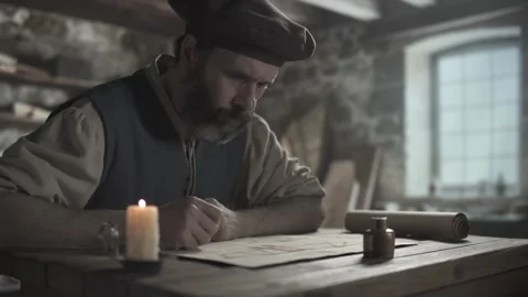 A medieval scholar reviewing a flying machine sketch, looking straight ahead Video stock 337649744