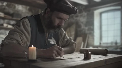 Medieval scholar writing text with a quill pen on parchment paper Video stock 341466737