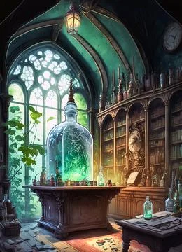 Medieval scientist laboratory, interior office room, fantasy illustration Stock Illustration
