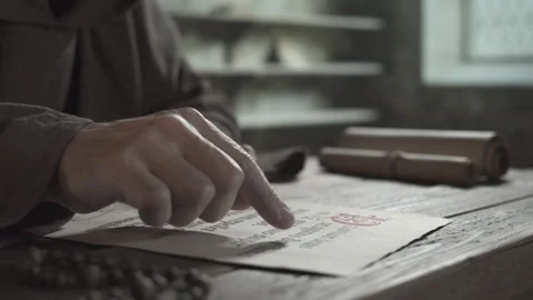 Medieval scribe reading a liturgical document, guiding a finger along lettering Stock Footage 339631556