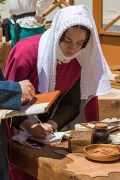 Medieval scribes  writing calligraphy Stock Photos