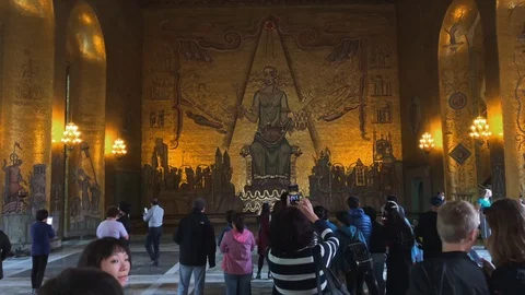 Medieval scripture drawing at golden hall Stockholm City Hall with Stock Footage 113530767