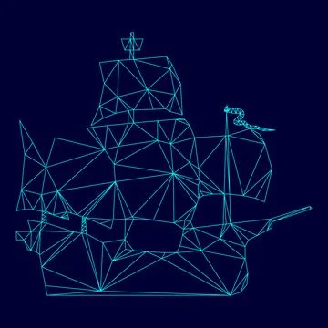Medieval ship low poly triangulation triangulated polygonal electric cyan b.. Stock Illustration
