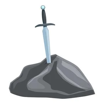 Medieval silver sword stuck in a stone on white background Stock Illustration