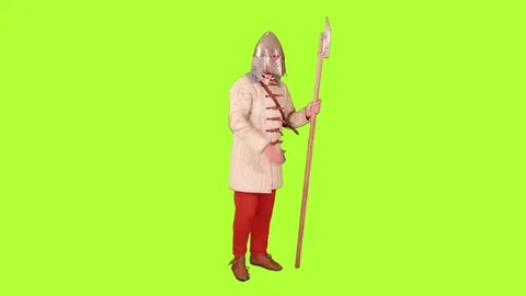 Medieval solider on guard inspects and motions on (side view) Stock Footage 76444714