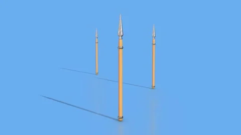 Medieval Spears on a Blue Floor 3D Animation. Warrier Weapons. Metal Head Spear. Stock Footage 292084223