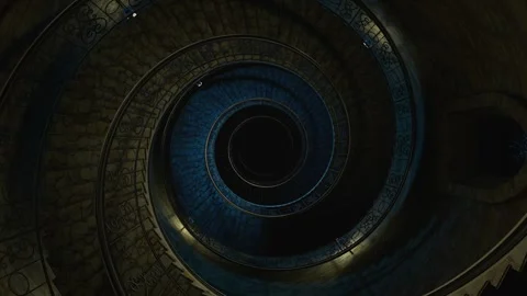 Medieval spiral staircase animation. Camera passing by the center of tower w Stock Footage 302011922