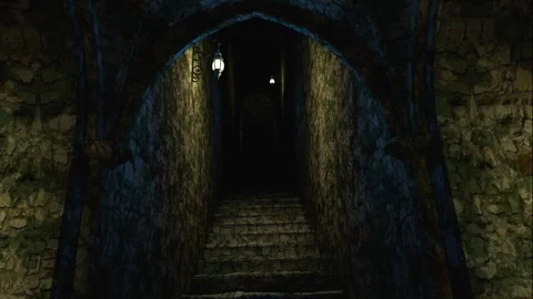 Medieval staircase going up animation. stone tower with lamps at night. Stock Footage 303502993