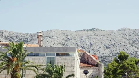 Medieval stone buildings, palm trees, wind, hill, deserted, isolated, Croatia Stock Footage 283236784