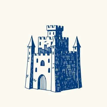 Medieval stone castle hand drawn blue ink illustration. Ilustración de archivo