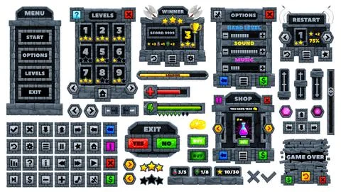 Medieval stone game interface and UI game buttons Illustrazione stock